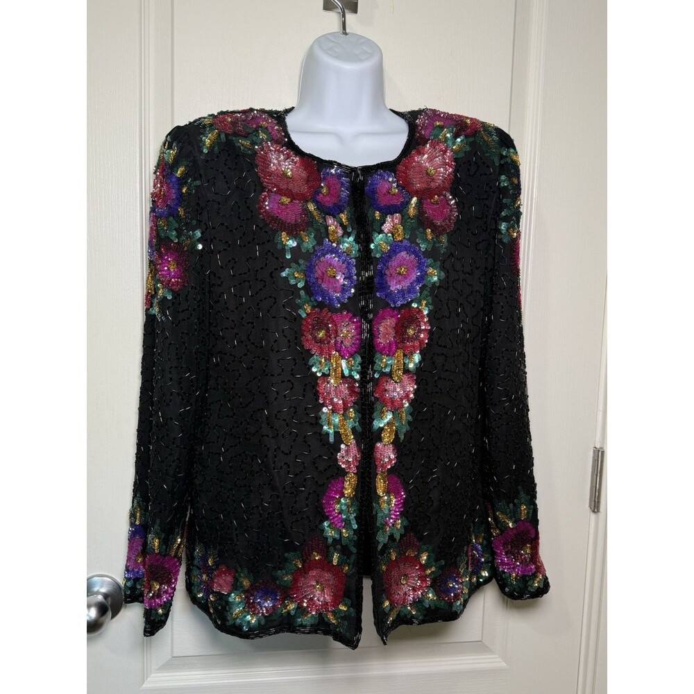 Laurence Kazar Sequin Jacket Cardigan Size M Black Beaded Floral New York